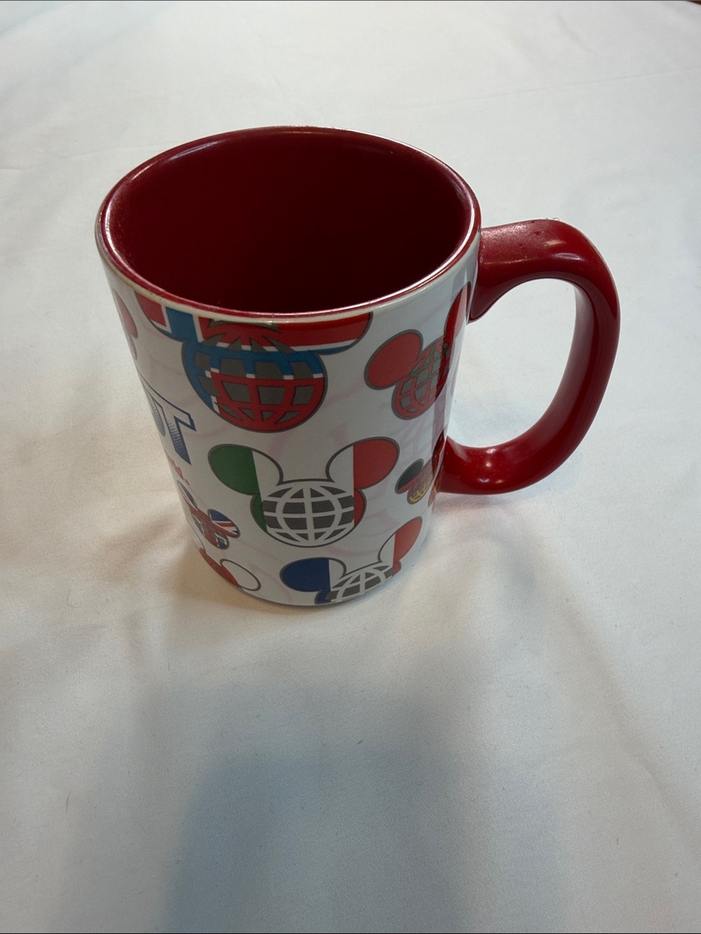 Red Interior Ceramic Mug with Multicolor Globe Pattern